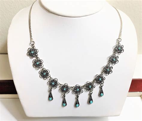 Sterling Silver And Turquoise Southwestern Hand Crafted Necklace Beautiful Statement Long