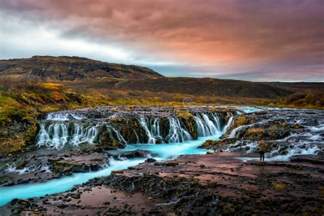 Sunset With Unique Waterfall Bruarfoss Stock Photo Image Of