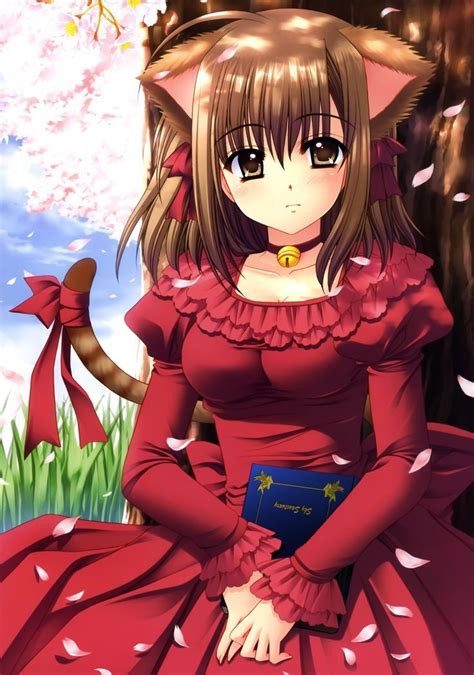 Anime Nekogirl Red Dress Brown Hair Neko Girl