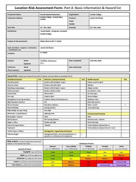Location Risk Assessment Form Part A Basic Information And Hazard List