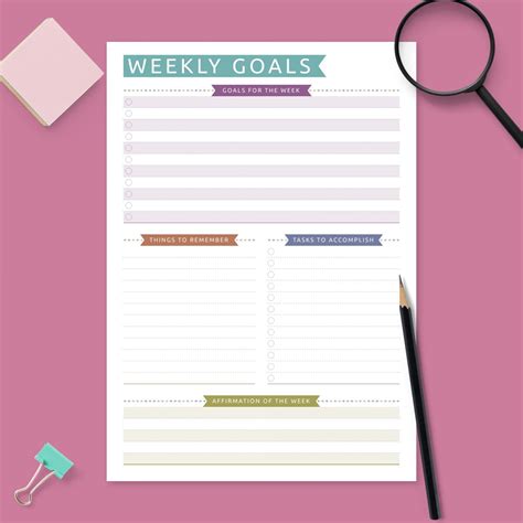 Weekly Goal Setting Colored Design Template Printable Pdf