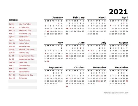 2021 Year Libreoffice Calendar Template With Us Holidays Free