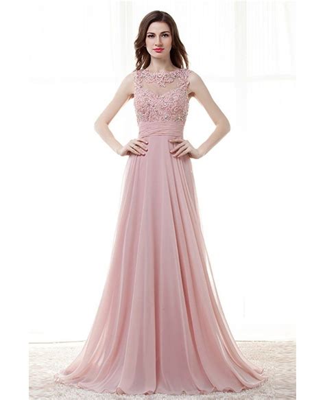 Light Pink A Line Long Prom Dress With Lace Beading Top H76057