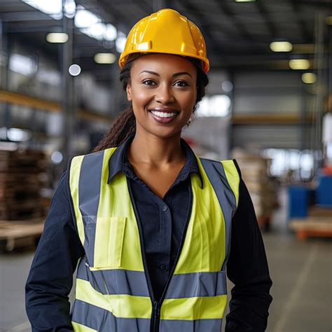 Una Hermosa Sonrisa En La Cámara Gente Negra Ingeniera En Chaleco De Seguridad Y Casco