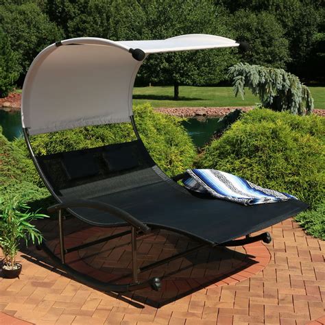 Sunnydaze Outdoor Double Chaise Rocking Lounge Chair With Canopy Shade And Headrest Pillows