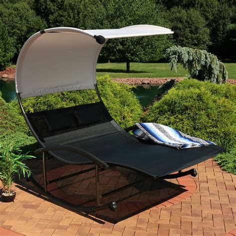 sunnydaze outdoor double chaise rocking lounge chair with canopy shade and headrest pillows