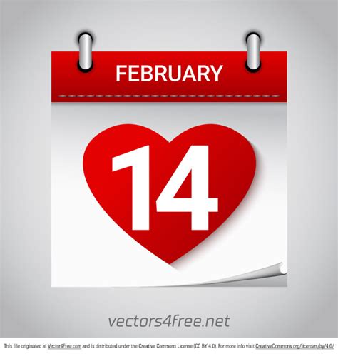 Free Valentines Day February 14 Calendar Vector