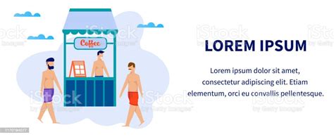 Text Banner With Men On Beach Walk And Coffeebox Stock Illustration