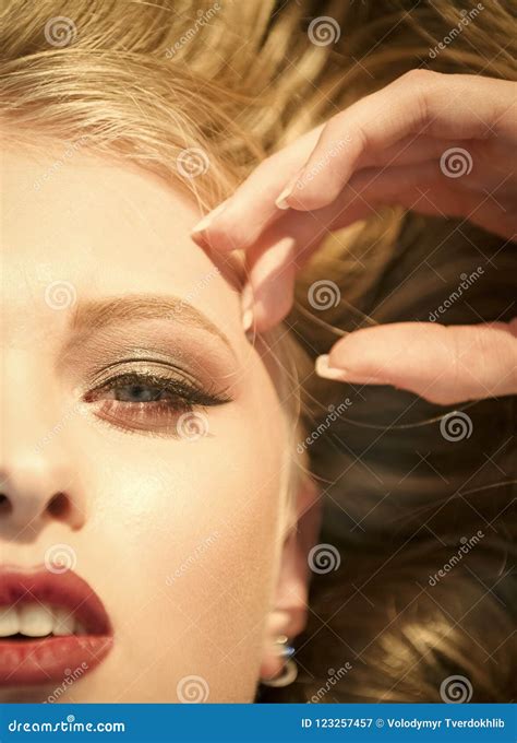 Sensual Girl Half Face With Makeup And Blond Hair Stock Image Image Of Cosmetics Lipstick