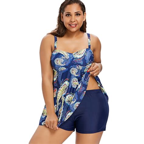Rosegal Ladies Plus Size Paisley Print Padded Swimwear Set Tankini Swimsuits For Women