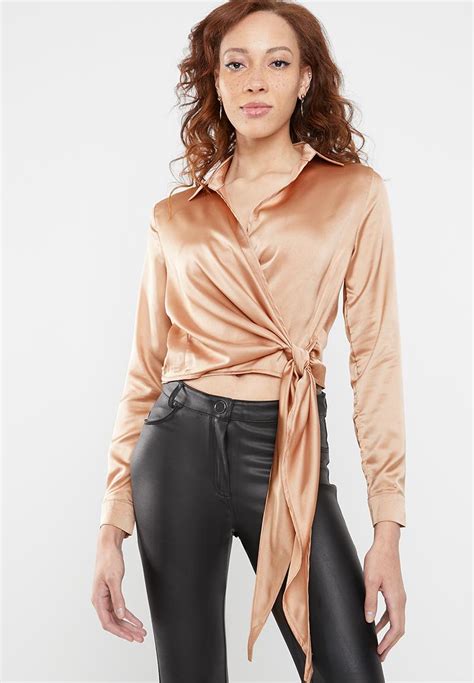 Tie Side Satin Blouse Bronze Missguided Blouses