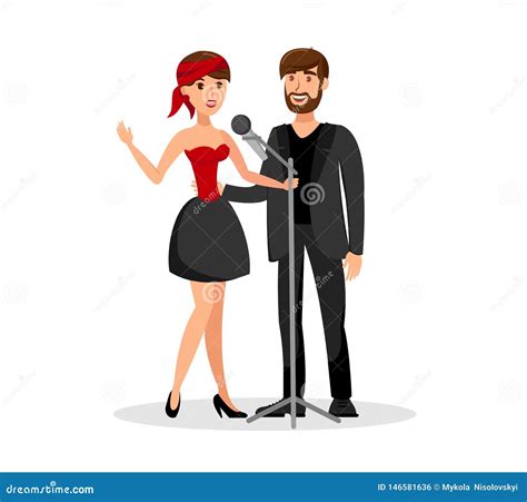 Man And Woman Duet Singing Together In Microphone Stock Vector Illustration Of Couple Happy