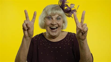 V Sign Peace Happy Senior Old Woman Showing Victory Sign With Double