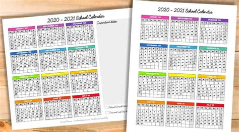 Free Printable 2020 2021 School Calendar One Page