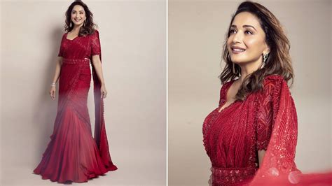 Fashion News Madhuri Dixit In A Classic Pre Draped Shimmery Red Saree