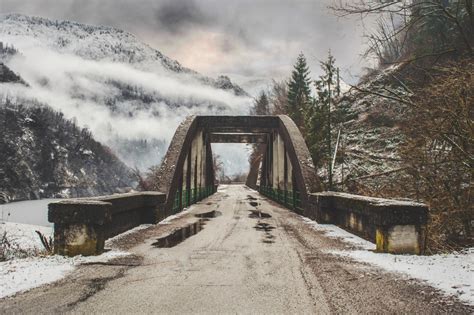 Free Images Mountain Snow Winter Track Fog Road Mist Bridge