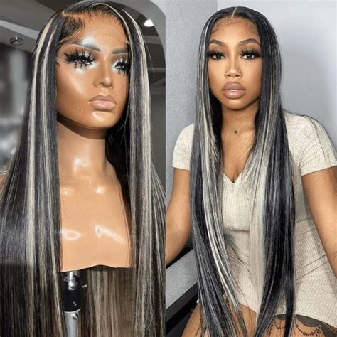 Black Wigs With Gray Highlights Long Straight 100 Human Hair And 150