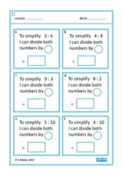 simplifying ratio worksheets autism special education  curriculum