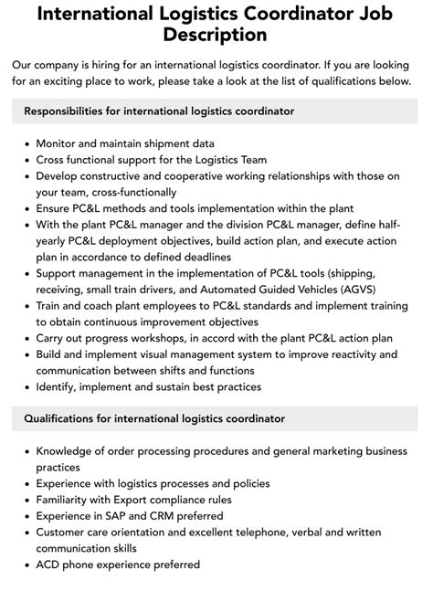 International Logistics Coordinator Job Description Velvet Jobs