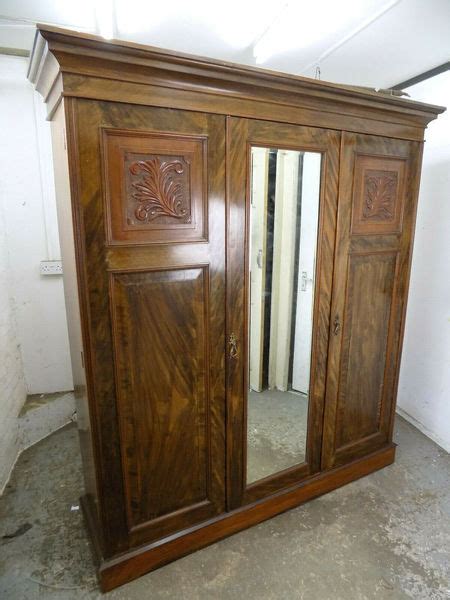 Antique Mahogany Tripple Compactum Wardrobe Mirror Shelves Drawers