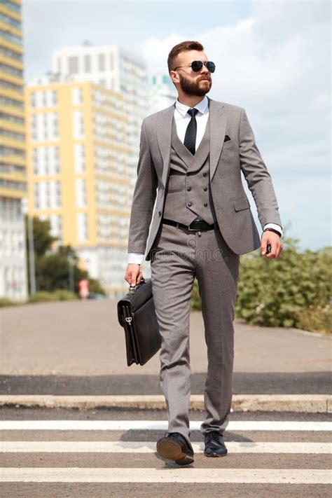 Handsome Guy In Suit Walk Cross The Street Stock Image Image Of