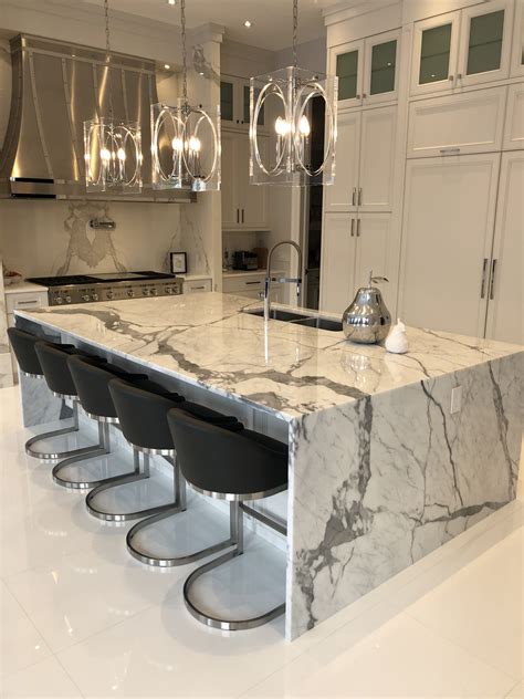 Waterfall With Tile In 2020 Kitchen Marble Marble Kitchen Island