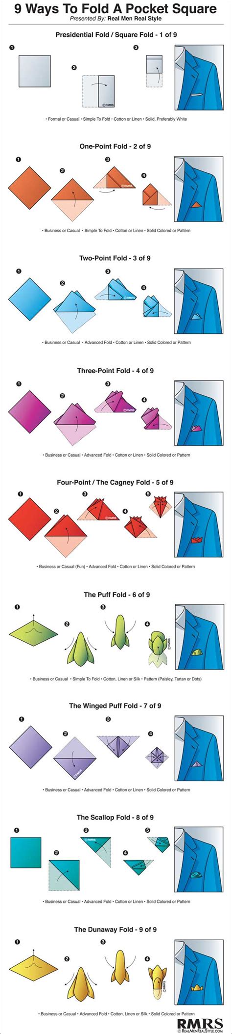 If you haven't tried accessorizing your suit, shirt, and tie with a pocket square then the seven reasons below should. 9 Ways to Fold a Pocket Square Infographic