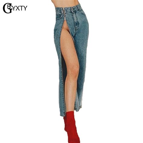 Gbyxty Sexy Split Zipper Jeans Women Vintage High Waist Wide Leg Denim Pants Fashion Female