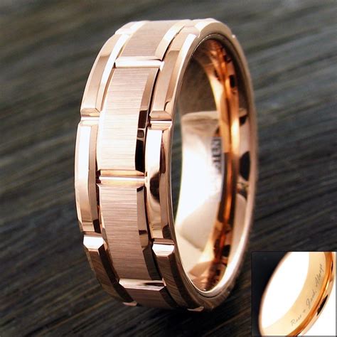 Serinium® domed band with copper inlay and arrow laser engraving. 8mm Rose Gold Tungsten Men's Ring Brushed Grooved Wedding ...