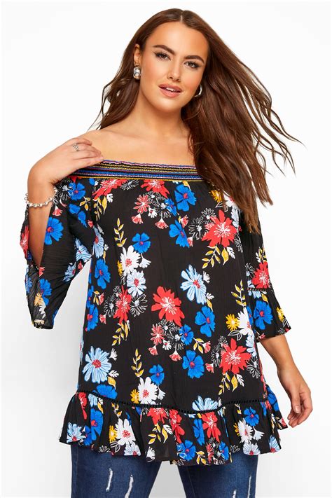 Black Floral Shirred Bardot Top Yours Clothing