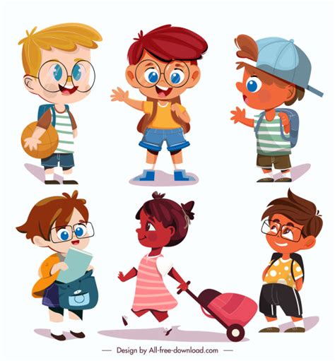 Childhood Icons Cute Kids Sketch Cartoon Characters Vectors Graphic Art