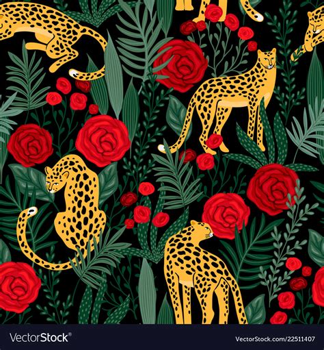 Seamless Pattern With Leopards And Roses Vector Image