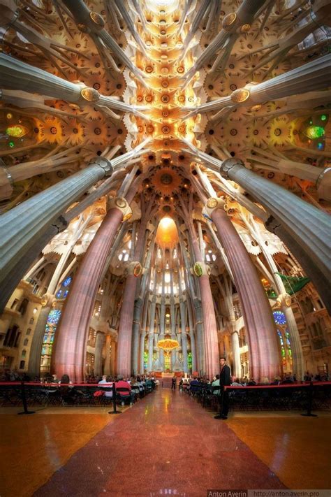 As is common with many churches, the sagrada familia is, from a bird's eye view, laid out in the shape of a cross. interior: Interior Sagrada Familia Spain