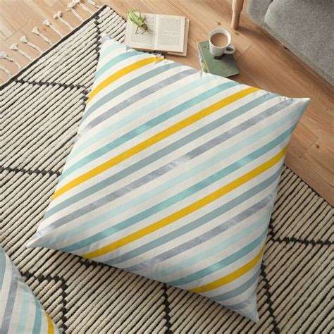 Diagonal Stripes In Blue Silver And Gold Floor Pillow By Greenoriginals