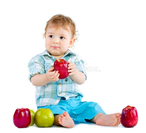 2 Beautiful Baby Boy Eats Red Apple Free Stock Photos Stockfreeimages