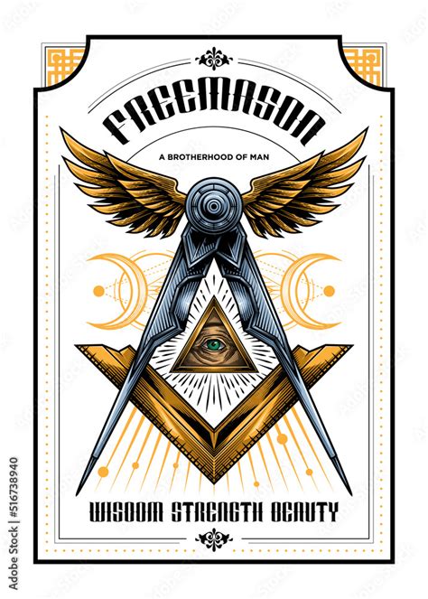Freemasonry Conspiracy Logo Poster Design Vector Illustration In Engraving Technique Of