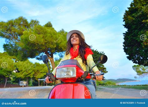 Attractive Happy Woman On A Scooter Stock Image Image Of Looking