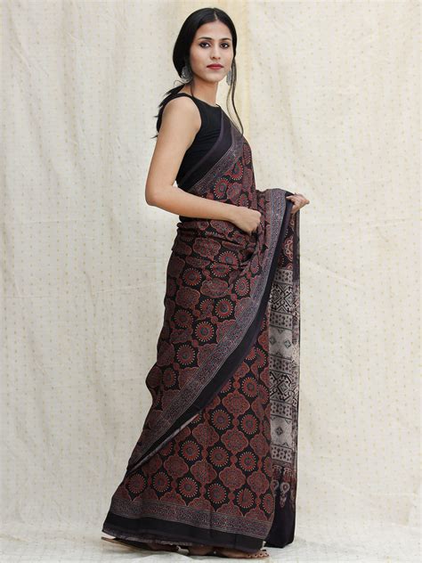 ajrakh hand block printed modal silk saree at indubindu