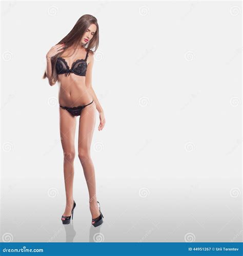 Fashion Model With Long Hair In Black Lingerie Stock Image Image Of