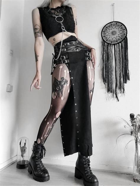 punk rave black gothic punk split skirt for women rave outfits edgy