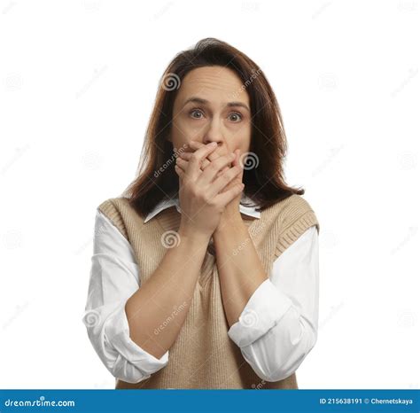 mature woman feeling fear on white background stock image image of nervous mouth 215638191