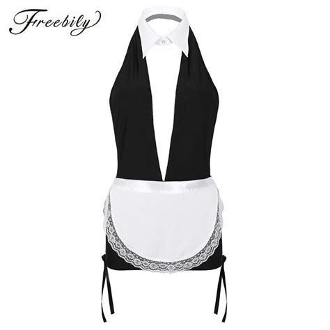 Women French Maid Cosplay Costume Party Sexy Erotic Lingerie Set Plunging Deep V Neck Sleeveless