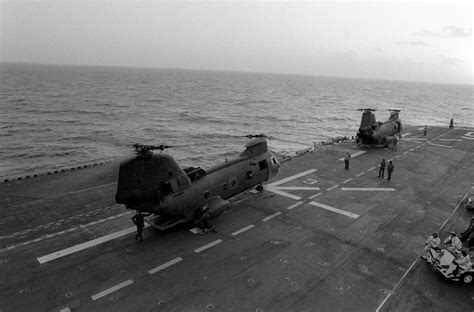 Two Ch 46 Sea Knight Helicopters Parked Aboard The Amphibious Assault