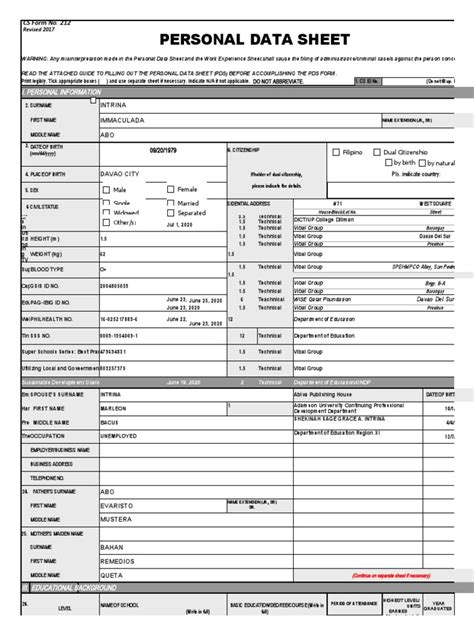 Personal Data Sheet Revised 2017 Pdf Teachers Behavior Modification