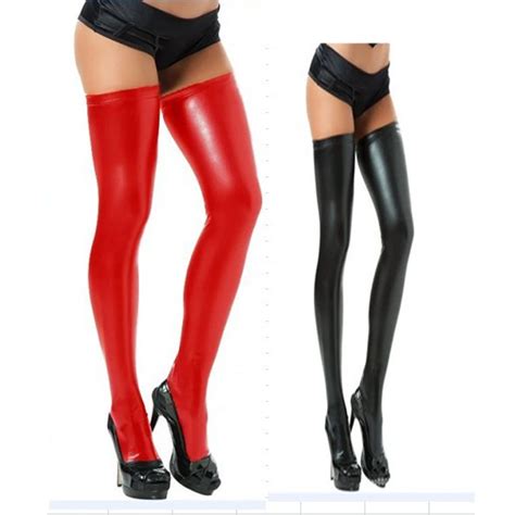 Womens Black Red Sexy Faux Leather Wet Look Stockings Costume Thigh