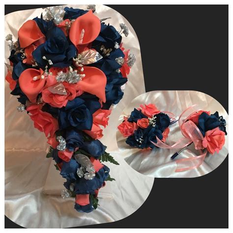 15 adorable navy blue and blush pink wedding bouquets. 21 Piece Package Bridal Bouquet Silk Wedding Flowers Navy ...