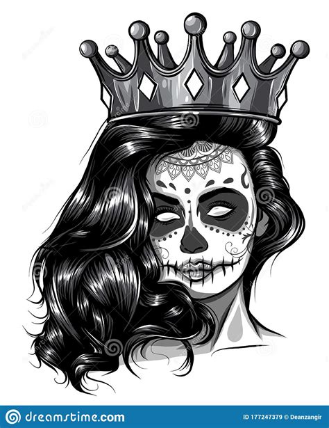 Monochromatic Skull Girl With A Crown Vector Illustration
