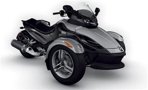 The vehicle has a single rear drive wheel and two wheels in front for steering, similar in layout to a modern snowmobile. 2009 Can-Am Spyder Roadster SM5 - Moto.ZombDrive.COM
