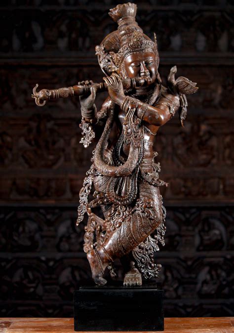 Sold Brass Standing Gopal Krishna Statue Playing The Flute With Black