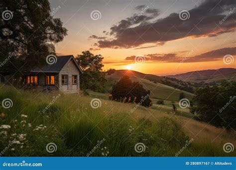 Cottage Nestled among Rolling Hills, with a View of the Setting Sun